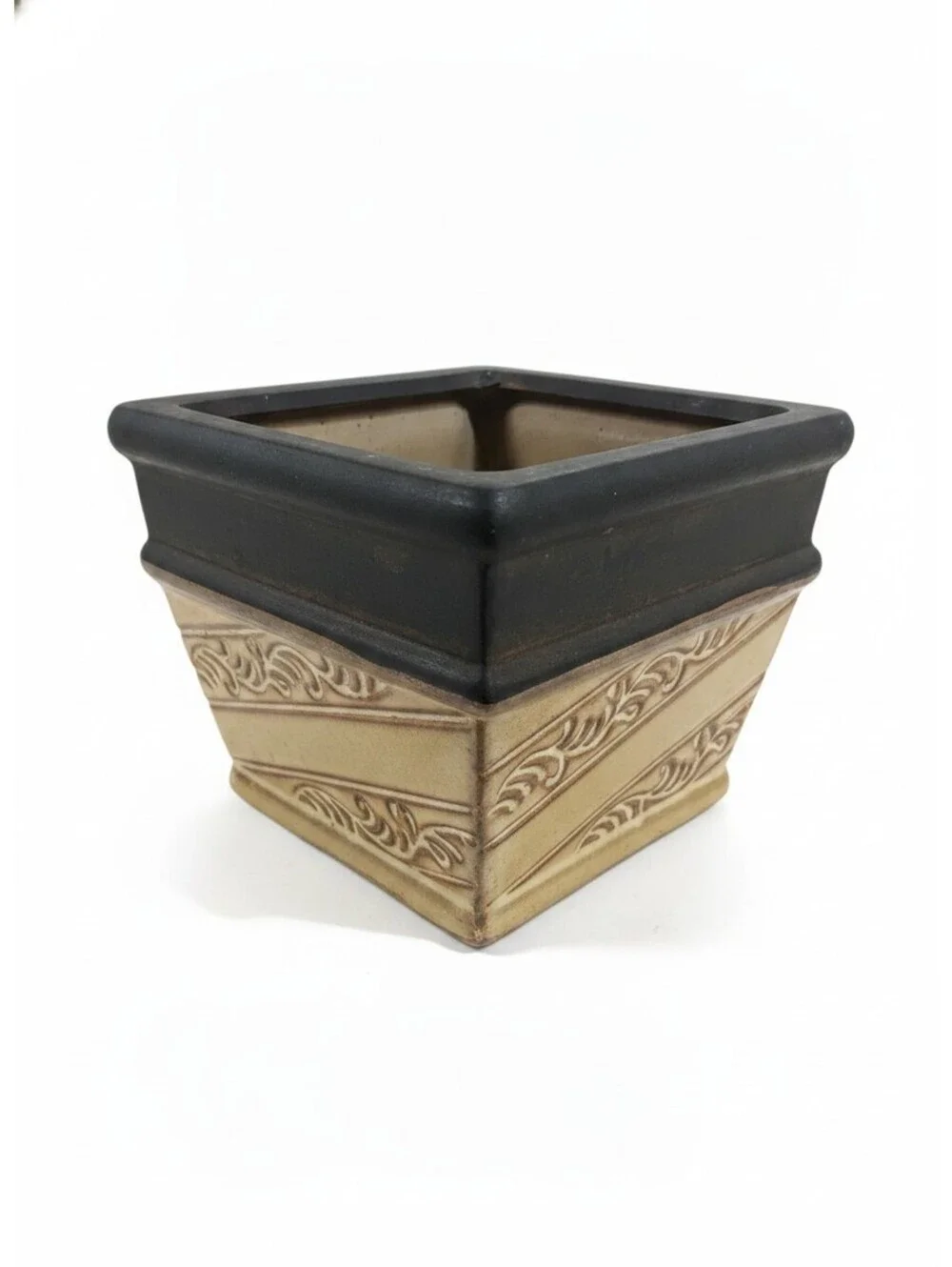 Vintage Square Ceramic Planter Black Tan Scroll Relief Small Flower Pot